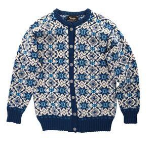 VTG Figgjo Cardigan Sweater Woman L Nordic Fair Isle Wool Blue Norway *Flaws